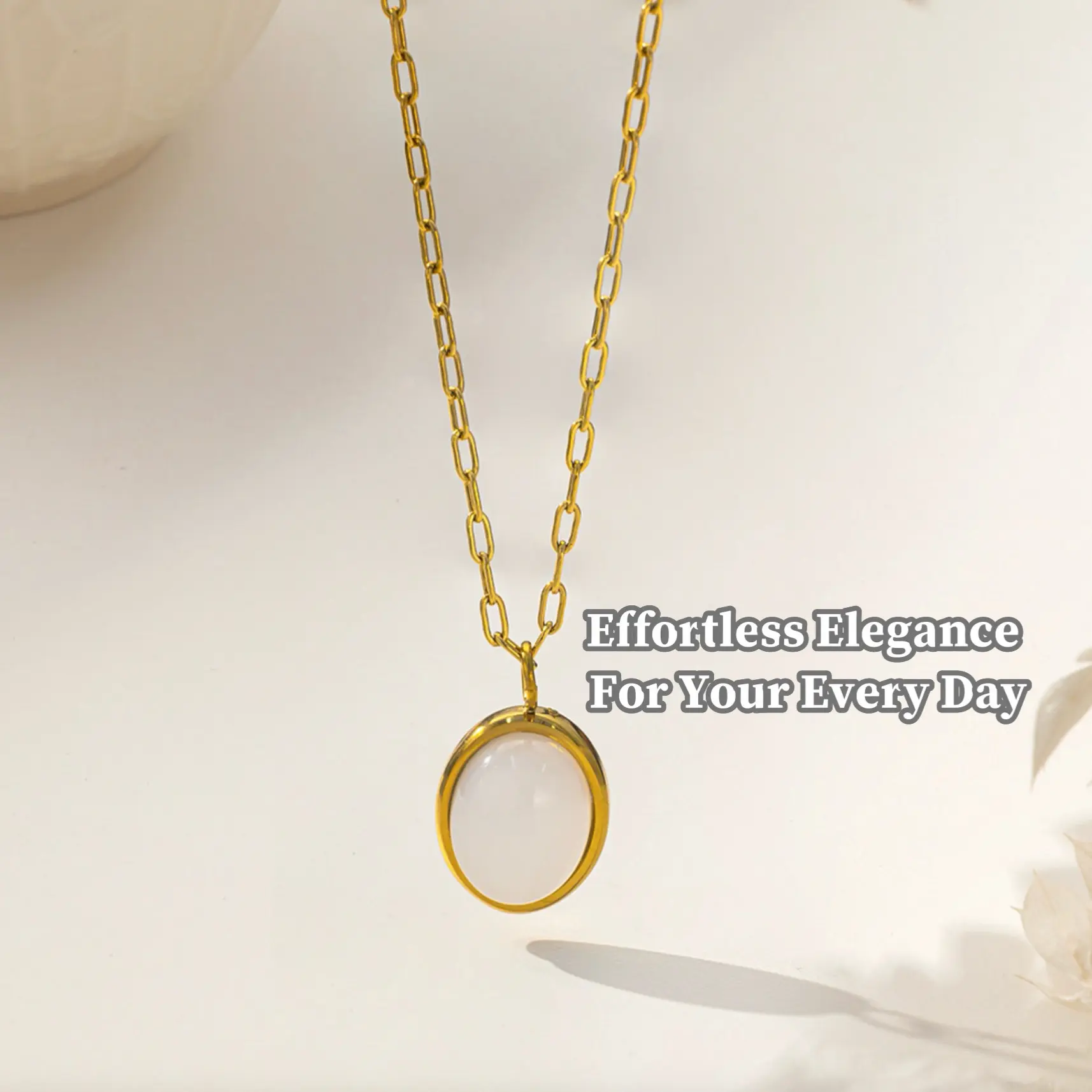 Dainty Oval White Opal Pendant Necklace, 14 Karat Gold-Plated Paperclip Chain, Elegant Everyday Costume Jewelry for Her, Dainty Necklace, Cabochon Stone, Oval Shape, 24/7 Wearability, Daily