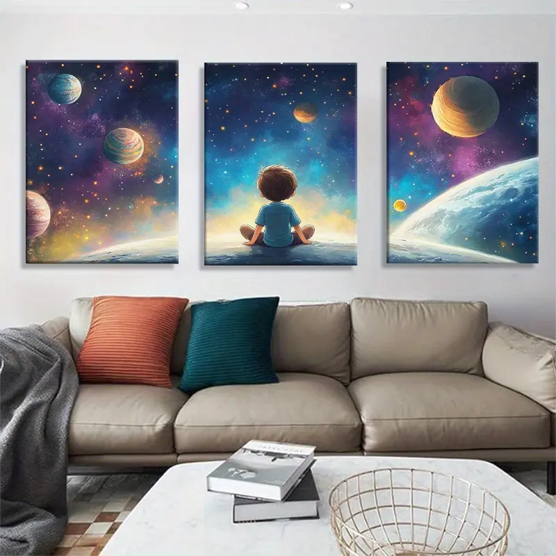 3-Piece Fantasy Space Exploration Canvas Art Set - Galaxy and Planet Theme Wall Decor, Suitable for Young People's Rooms, Wooden Frame, Cosmic Perspective Design, Perfect for Decorating a Teenager's or Outer Space Themed Interior Space