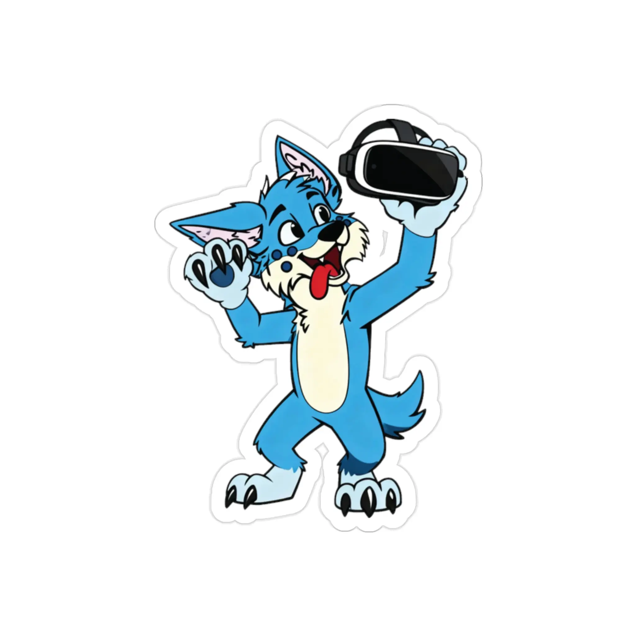 Blue Cartoon Wolf Holding VR Headset Sticker