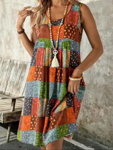 Elegant Women's Plus Size Casual Boho Fashion Floral Print Round Neck Sleeveless Dress, Comfortable & Stylish Daily Wear, Perfect for All Occasions, Womenswear