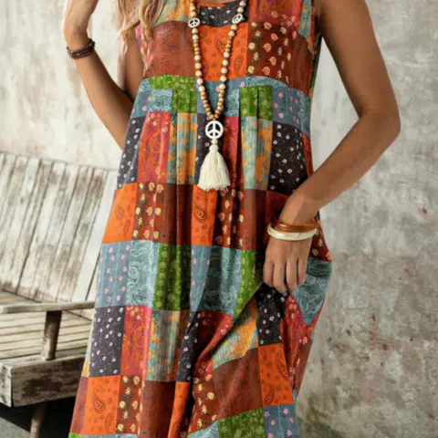 Elegant Women's Plus Size Casual Loose Sundress Fashion Floral Print Round Neck Sleeveless Casual Fashionable Dress, Boho Style Dresses, Comfortable & Stylish Summer Daily Wear, Perfect for All Occasions, Womenswear