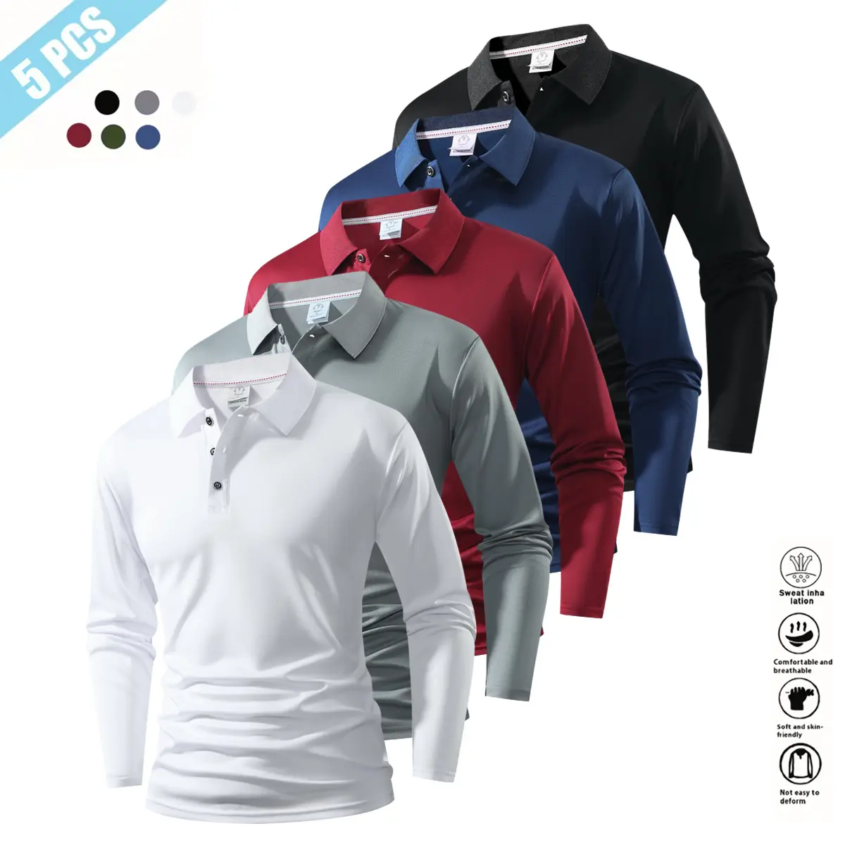 Men's 5-Pack Well-Fitted Long-Sleeve Polo Shirts - Plain Solid Colors, Pullover Traditional Fit, Mix-and-Match Versatility, Suitable for Casual Weekends, Business, Well-Fitted Polo Shirts