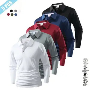 Pack of 5 men's long-sleeve polo shirts, solid colors, mix and match versatility for any style; travel, business, golf, casual weekend wear, sporty casual long sleeve tops, fashionable and easy to match, pullover, traditional fit