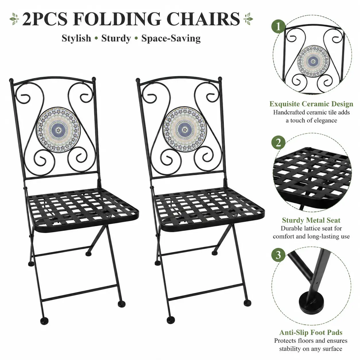 2-Pack Foldable Wrought Iron Bistro Chairs, Ornate Mandala Ceramic Tile Backrest Patio Folding Chairs for Garden, Balcony Outdoor Leisure (Home Improvement Garden Supplies)