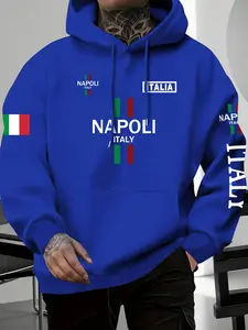 Men's Italian Napoli Print Hoodie with Drawstring and Kangaroo Pocket, Comfortable Casual Fashion Pullover, Trendy Sportswear