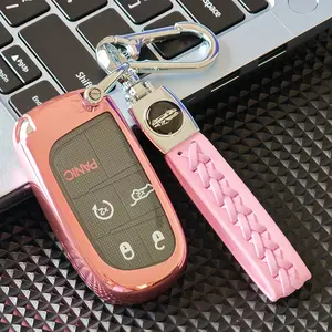 Jeep Keychain Cover with Leather Keyring Soft Tpu Protection Case for Grand Cherokee Patriot Chrysler 200 300 Dodge RAM Durango Challenger