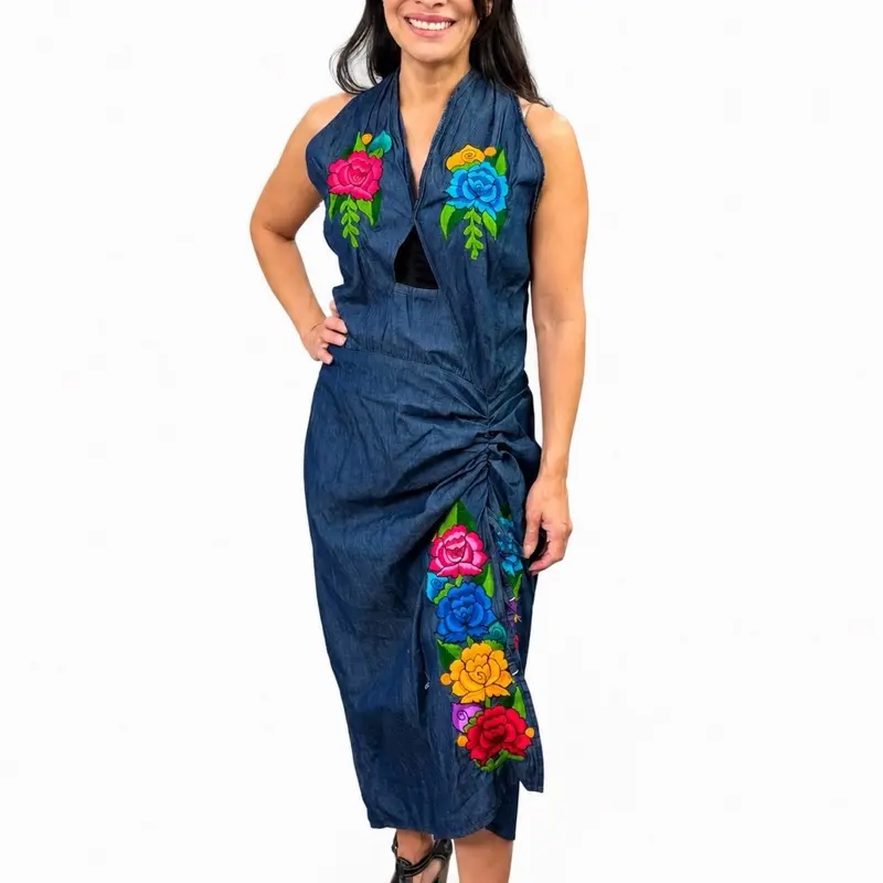 Vestido halter mezclilla - Handmade Embroidered Dress in Oaxaca handmade in Mexico - bordado a manoo - mexican dress - vestido mexicano Women's Casual Handmade Embroidered Oaxaca Yutzil Denim Multicolor Dress -