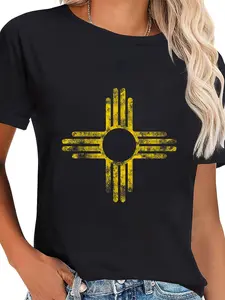 Women's 100% Cotton Everyday Short-Sleeve Streetwear Top - Vintage New Mexico Flag, Yellow Zia Sun Symbol T-Shirt