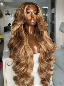 Highlight Ombre Lace Front Wigs Premium Human Hair Pre Plucked Glueless Frontal Wig 13x4 Body Wave Frontal Wigs Human Hair 180% Density 4/27 Colored Honey Blonde Lace Front Wig for Women