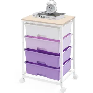 Utility Cart with 4 Drawers,Rolling Storage Cart with Drawers,Storage Rolling Drawer Cart with Wooden Tabletop for Bedroom,'s Room,Dorm,Classroom,Office, Purple