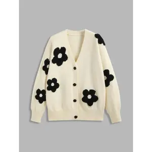 Women's Floral Print Button Front Cardigan, Casual Drop Shoulder Long Sleeve V Neck Cardigan, Women's Knitwear for Fall & Winter