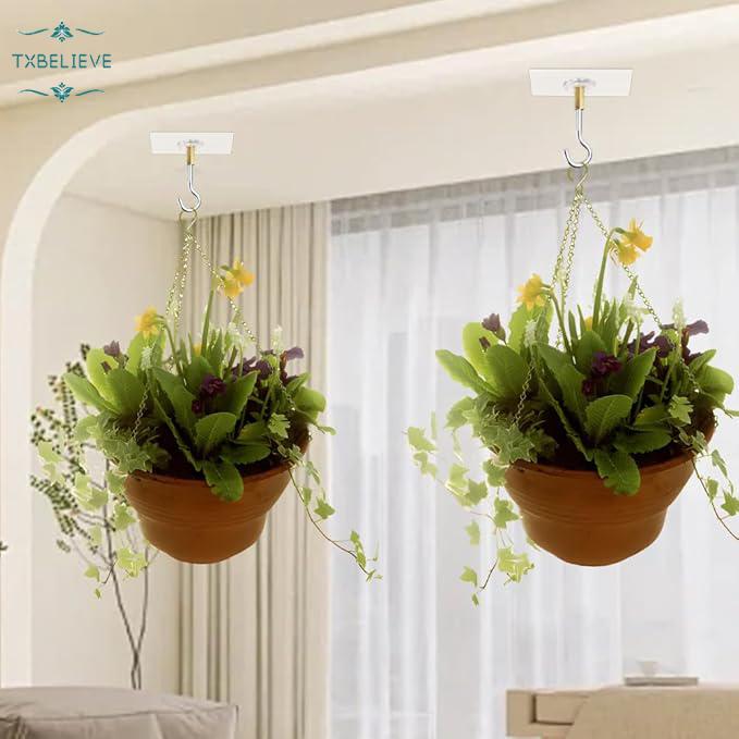 2PCS Self Adhesive Metal Ceiling Hooks Wall Mounted No Punching Plants Flower Pots Lanterns Hanging Holder Home Organizer“Transparent”
