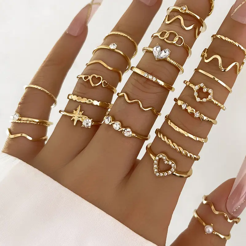28 Pcs Fashion Rhinestone Heart Wave Geometric Joint Rings, Elegant Plain Copper Stackable Rings Stacking Ring Set, All-Seasons Jewelry Gift for Women