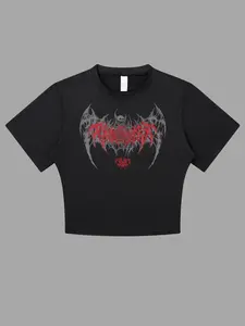 Women’s Skull Wing Print Baby Tee | Round Neck Crop Sports T-Shirt | Quick Dry Breathable Athletic Top