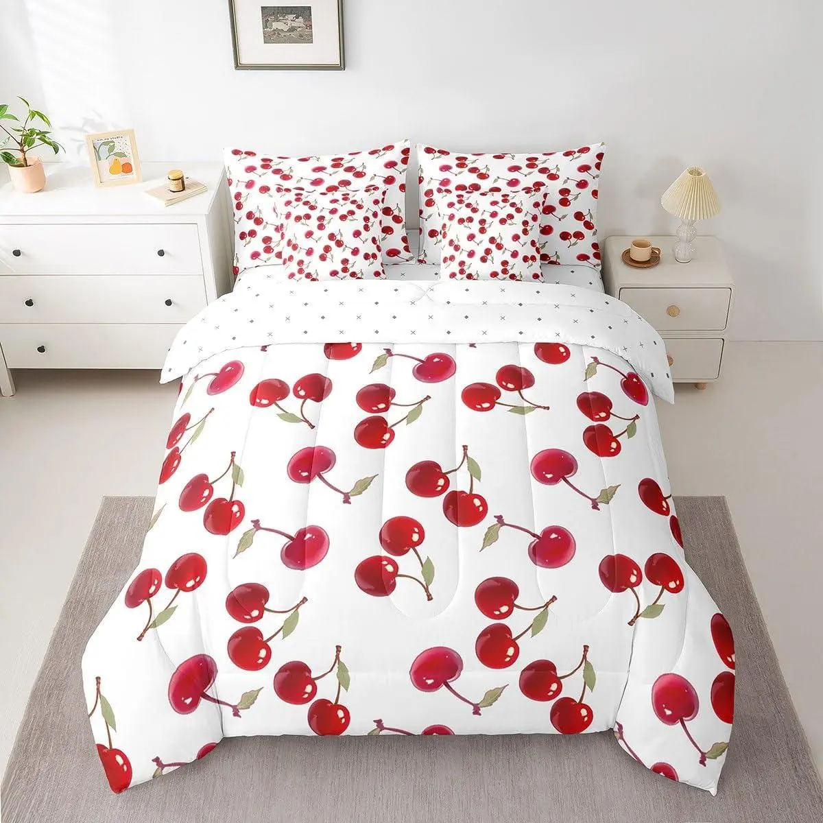 Red Cherry Comforter Set with Sheets Cherry Pattern Bed in a Bag Cute Fruit Jade White 7 Pieces Bedding Set
