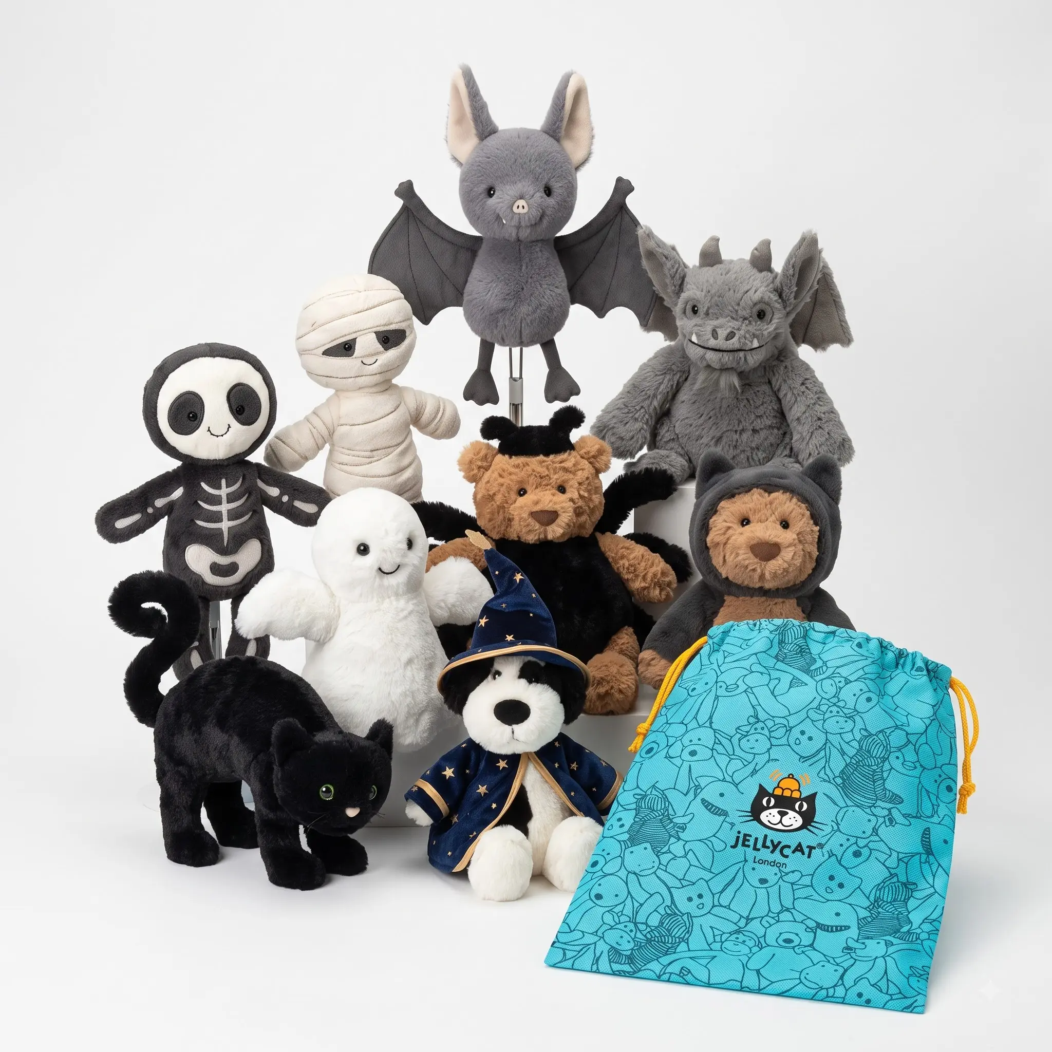 Jellycat Halloween 4-Piece Plush Set – Soft Fabric Spooky Cute Stuffed Animals, Bat, Ghost, Skeleton, Witch Collectible Halloween Gifts