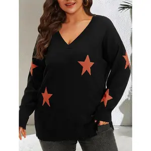 Plus Size Star Pattern V Neck Sweater, Casual Long Sleeve Jumper for Fall & Winter, Women's Plus Size Knitwear for Daily Wear