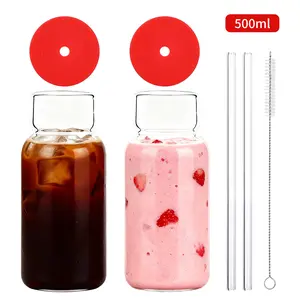 Glass Bottle with Lid and Straw, Glass Tumbler Purple Print Iced Coffee Cups Juice Bottles Leak Proof BPA Free Cute Glass Cups for Car Holder, Office, Travel