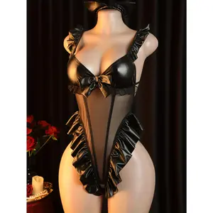 Sexy Lingerie Bow Lace Catwoman Bodysuit Women's Costume, Roleplay Set: Bodysuit + Headband,  Fantasy Wear, Feminine Style, Sheer Fabric, Comfortable Fit, Delicate Lace, Bodysuit Set, Sexy Outfit, Romantic Wear