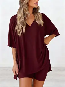 Women's 2 Piece Lounge Sets - Oversized V Neck T-Shirts & Biker Shorts, Casual Reversible Tracksuit, Lightweight Cozy Pjs for Summer