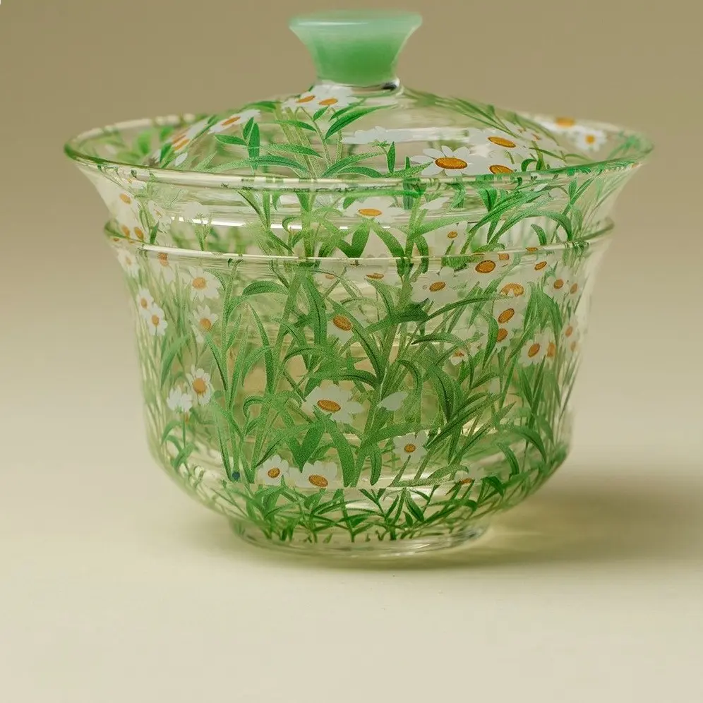 22 Daisy Stackable Tea Set, High Borosilicate Glass Gaiwan & Teacup, Hand-Painted Flower Kung Fu Tea Set for One Person