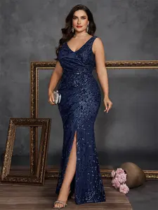 Elegant Plus Size Formal Evening Gown, V Neck Sleeveless Mermaid Dress, Waist Cinch Ruched High Split Design, Perfect for Curvy Women