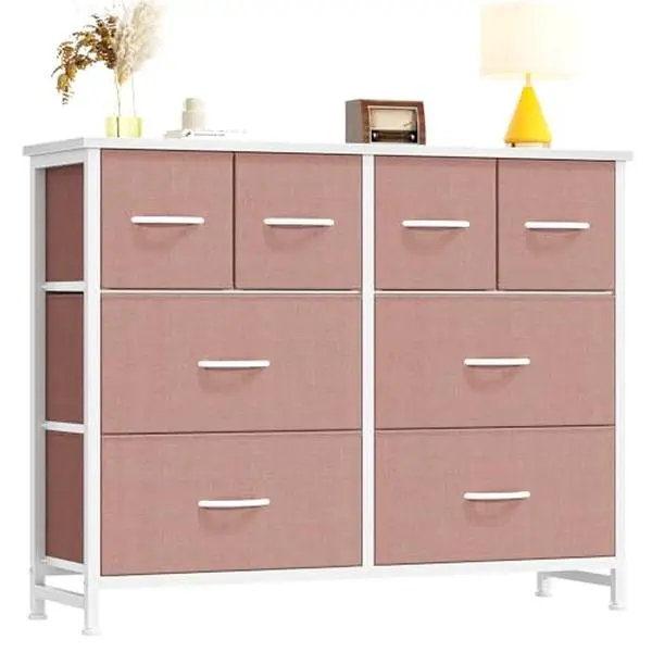 TV Stand Dresser 8 Fabric Drawers, Storage Tower with Wood Top and Metal Frame, 39.4 Inch Wide Chest of Drawers, Anti-Tip Safety, Adjustable Feet, for Bedroom Living Room Entryway