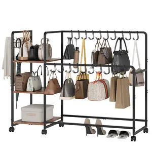 3-Tier Purse Organizer Rack with 20 Hangers & 3 Hooks – Wooden Handbag Storage Shelf on Wheels – Heavy Duty Bag Stand for Closet, Bedroom, Entryway, Black+Brown/White+Wood
