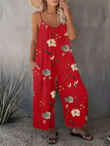 Women's Floral Print Pocket Cami Jumpsuit, Boho Casual Jumpsuit for Beach Holiday Vacation, Ladies Clothes for All Seasons, Womenswear