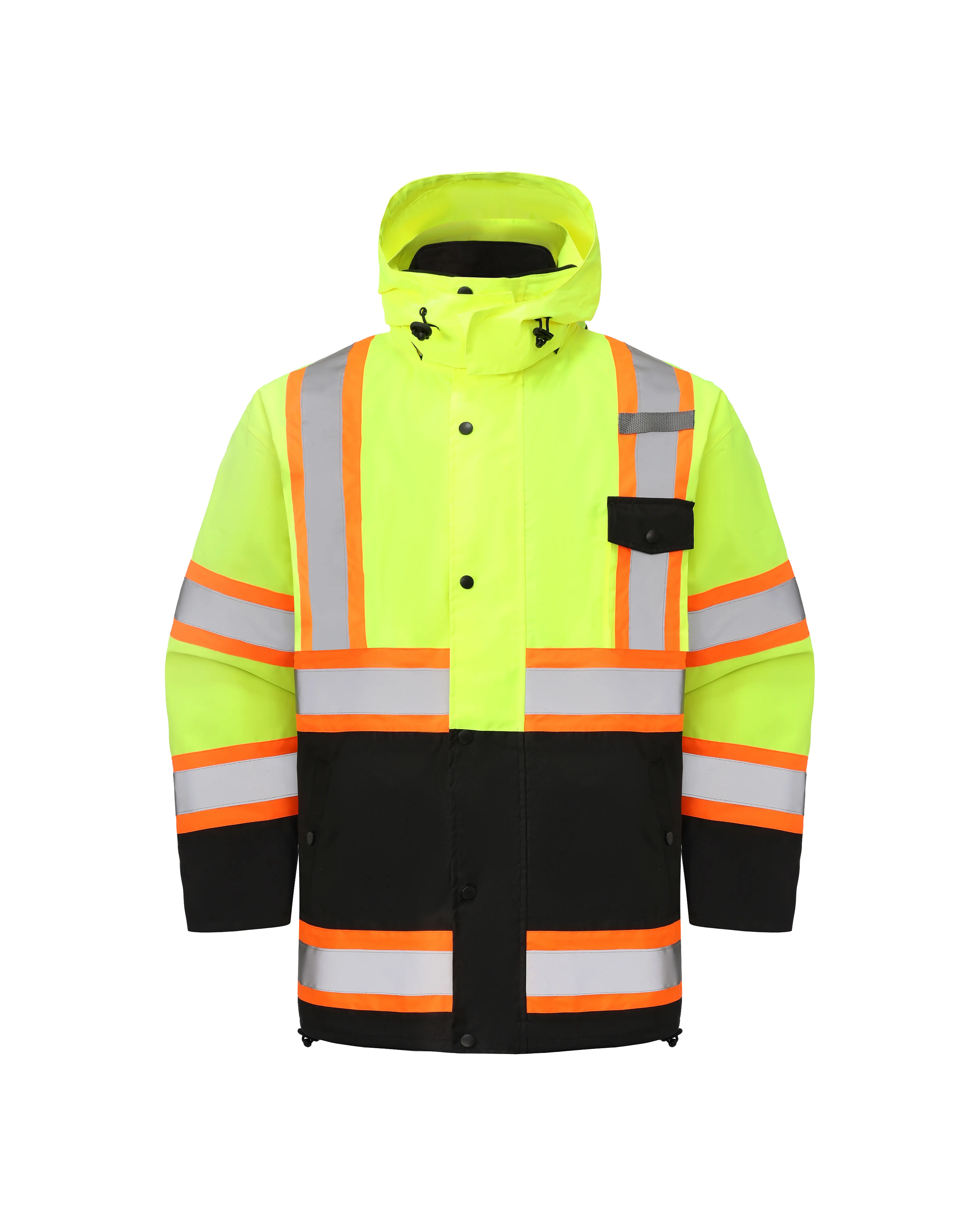 Kiwi High Visibility 3-in-1 Hooded & Fleece Lined ANSI/ISEA 107-2020, Type R, Class 3 Two Tone, Contrast Trimmed Water Resistant Neon Safety Jacket [71500]