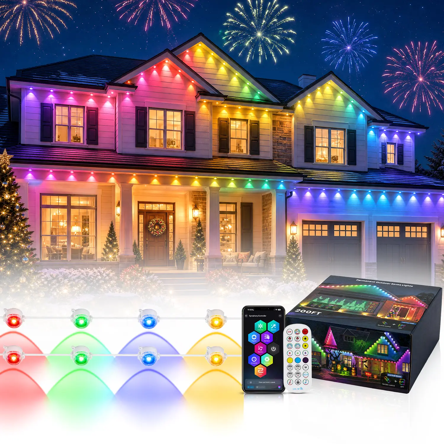 DEMILARE Permanent Outdoor Lights for House, IP67 Waterproof RGBIC LED Eave Lights, 50FT-300FT, Bluetooth APP & 2.4G Remote, Music Sync, Scene Modes, Alexa & Google Assistant on Selected Models, Holiday Roofline Decor,BackToSchool