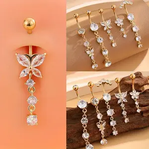 5PCS Exquisite Women Stainless Steel Belly Button Rings Set Sparkling Butterfly Synthetic Cubic Zirconia Inlay Flowers Pendant Navel Pins Bohemian Navel Rings Fashion Accessory