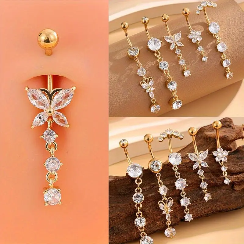 5PCS Exquisite Women Stainless Steel Belly Button Rings Set Sparkling Butterfly Synthetic Cubic Zirconia Inlay Flowers Pendant Navel Pins Bohemian Navel Rings Fashion Accessory
