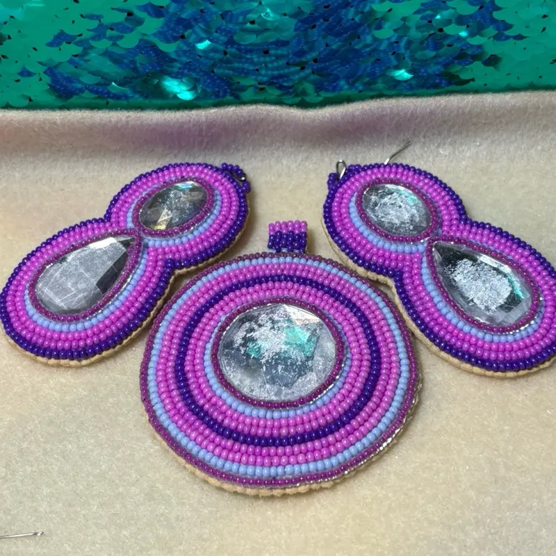 Pink Medallion Handmade Beaded Earrings and Pendant Set- Native American Beaded Jewelry
