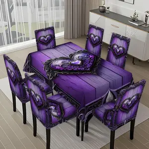 5/7-piece 2D Flat Printing Purple and Black Heart Decoration Printing Pattern Tablecloth and Chair Cover Set, for dining table and chair decoration, perfect for home, holiday gatherings, restaurants, and parties.