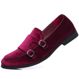 COSIDRAM Mens Dress Shoes Velvet Loafers Double Monk Strap Vintage Fashion Slip-on Suede Loafers Red 10.5