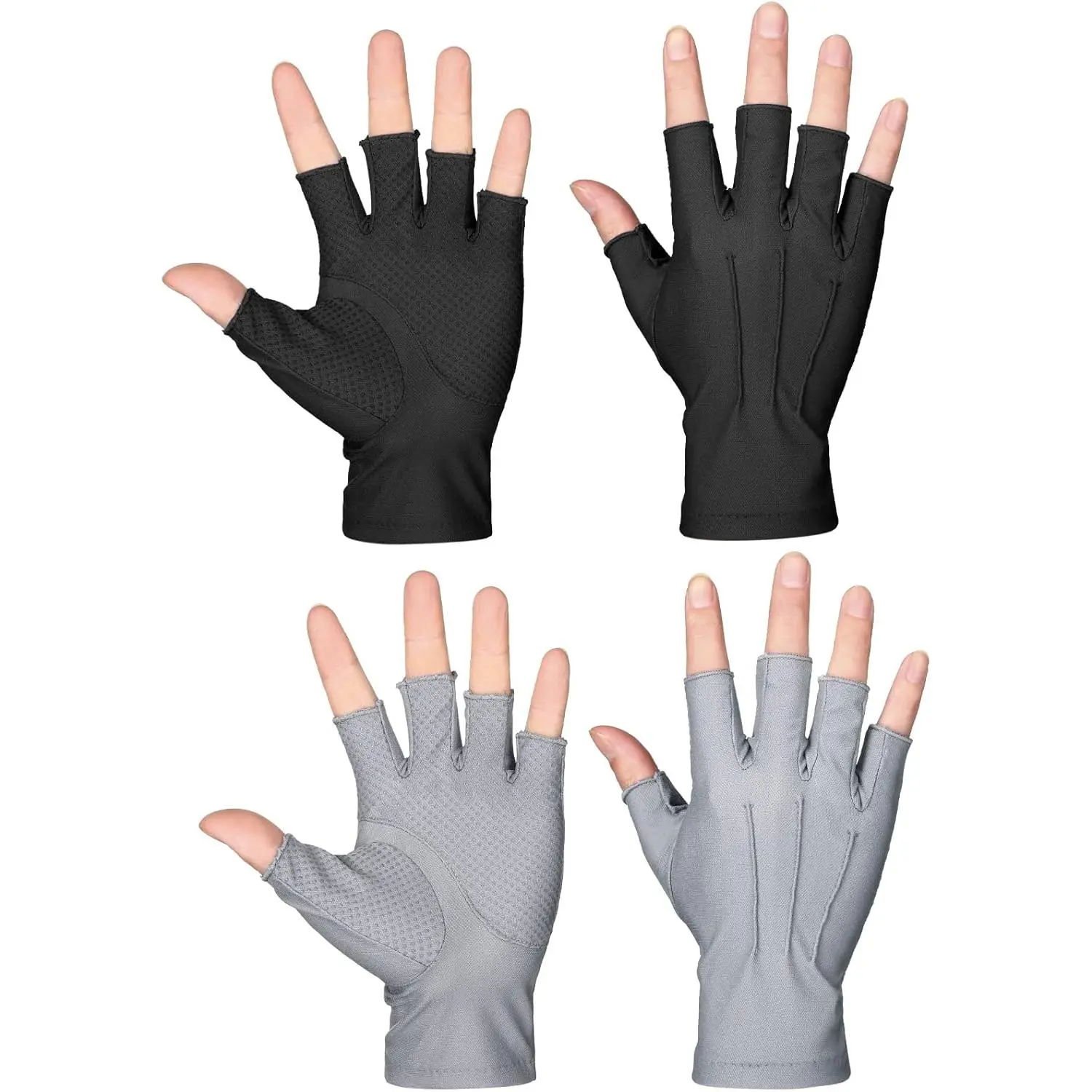 2 Pairs Summer Fingerless Gloves UV Sun Protection Driving Nonslip Touchscreen Half Finger Hiking Gloves for Men(Gray, Black)
