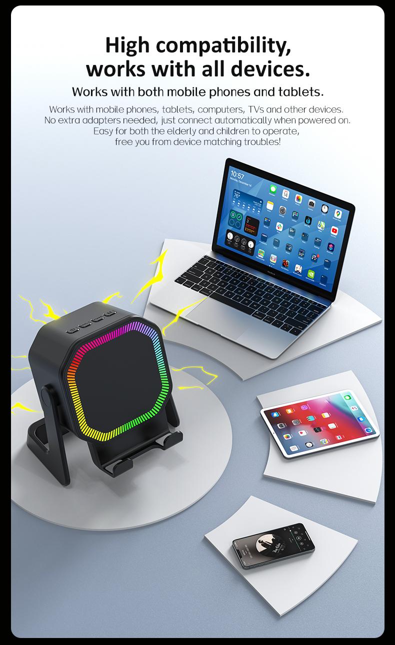 Wireless Induction Audio Speaker Stand - 5-in-1 360° Adjustable Phone/Tablet Holder with 1500mAh Built-in Battery, Colorful Ambient Light - Gift for Men