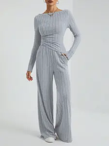 Women's Solid Color Ribbed Knitting Tee & Pocket Pants Lounge Set, Casual Long Sleeve Off-the-shoulder T-shirt & Elastic Waist Trousers,Ladies Clothes for Autumn And Winter 2025，Women Casual Thermal Pajama Sets，Suitable For Daily Wear，Fashion Outing