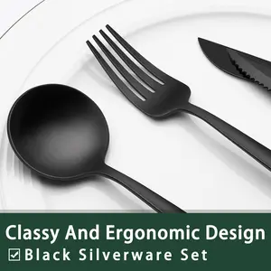 EWFEN 24-Piece Black Silverware Set with Steak Knives Classy Ergonomic Design Food-Grade Stainless Steel Flatware for 4 Mirror Finished Home Restaurant Cutlery