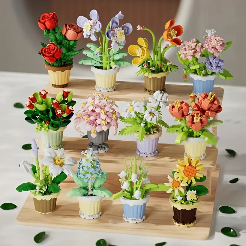 Flower Building Blocks, 1 Set Mini Potted Plant Model Building Blocks, Building Kit Desktop Ornament, Home Decoration, Educational Fun Toys, Birthday