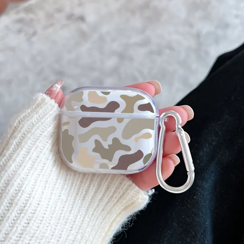 Camouflage Mosaic Pattern TPU Soft Protective Case for Apple AirPods 4/3/2/1/Pro/Pro2 Transparent Earphone Cover with Keychain Attachment