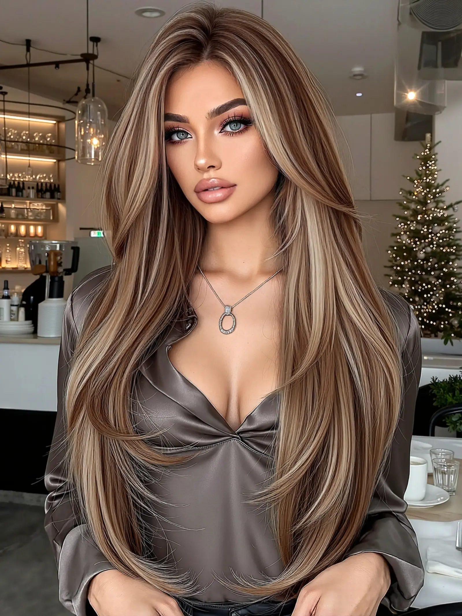 Topshe 13x6 Silk Lace Wig, 28 Inch Highlighted Long Curly Hair, No Bangs, Lightweight Breathable Comfort, Perfect for Christmas Holidays, Loose Wave Wigs, Synthetic Curly Wavy