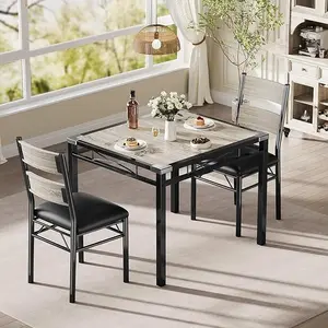 Dining Table Set for 2 with Corner Protector, Kitchen Table with 2 Upholstered Chairs, for Small Space, Dining Room, Apartment，Retro Gray