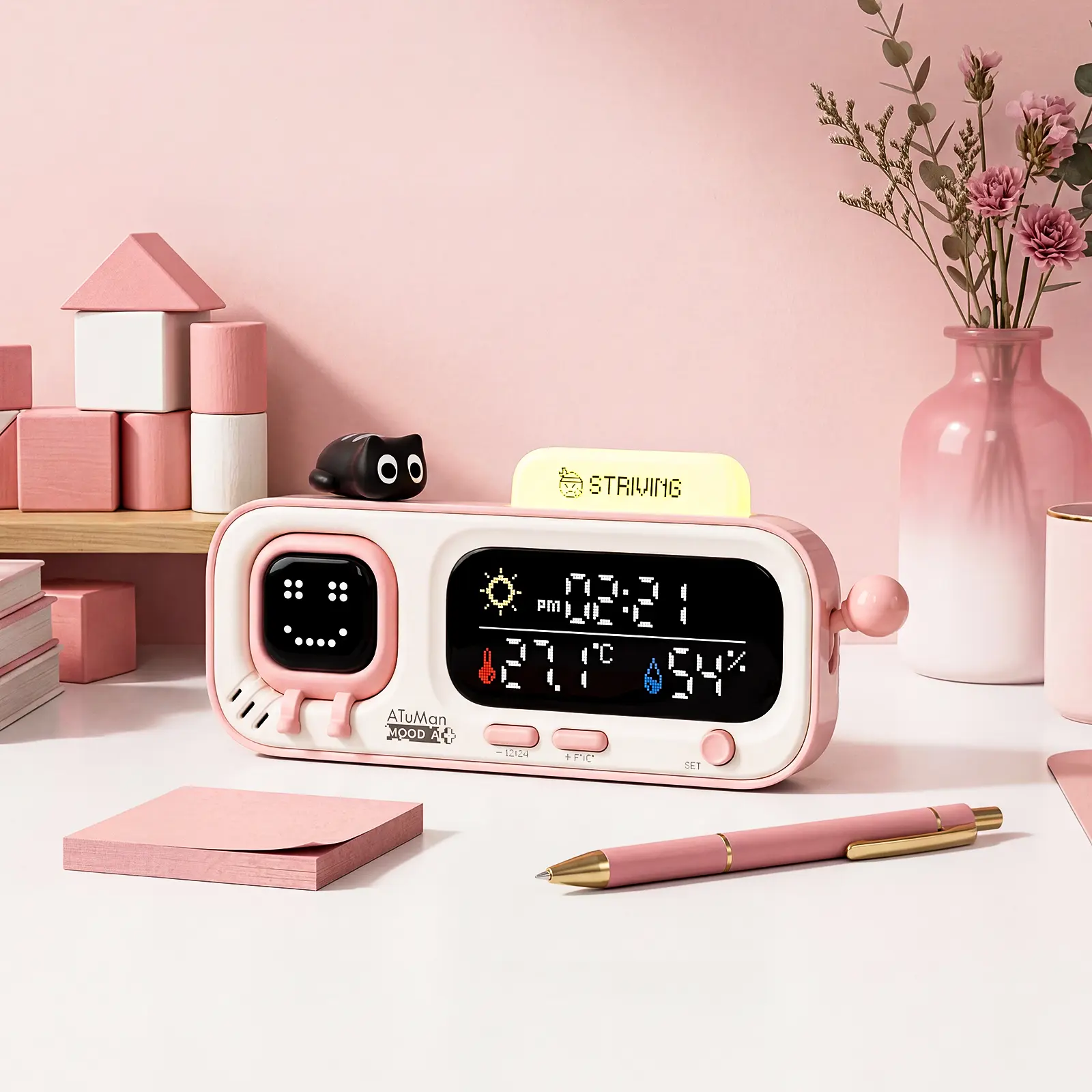 ATUMAN  MOODA Smart Temperature & Humidity Clock: Your Thoughtful Health Companion with Retro Pixel Display for a More Comfortable Living Space