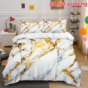 2D Flat 3Pcs White Golden Marble Duvet Cover, Elegant Nordic Modern Gold Vein Bedding (1 + 2 Pillowcases, Unfilled), Stylish Home Decor for Bedroom, Guest Room.