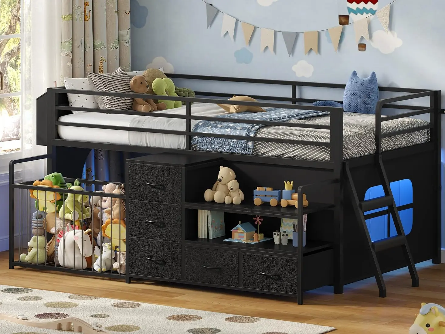 Twin Size Low Loft Bed with 5 Drawers, Bookcase, LED Lights and Stuffed Animal Organizer, Metal Loft Bed with 13" H Safety Guardrail, Inclined Ladder, Under-Bed Play Space, Black