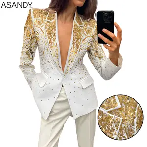 ASANDY Luxury Gold Sequined Blazer - Oversized White Loose Suit Jacket | Formal Party & Wedding Guest Outfit