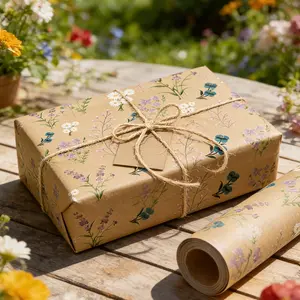 Spring Summer Wildflower Gift Wrapping Paper Roll, 17inch*9.84ft  Kraft Floral Gift Wrap Paper, Ideal for Wedding, Birthday Gifts, Spring Summer Packaging