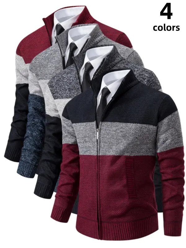 Men's Color Block Cardigan Jacket-Coat, Full Zip Fleece-Lined Thick Knit Long-Sleeve Stand Collar Casual Business Wear Warm Outerwear for Fall Winter